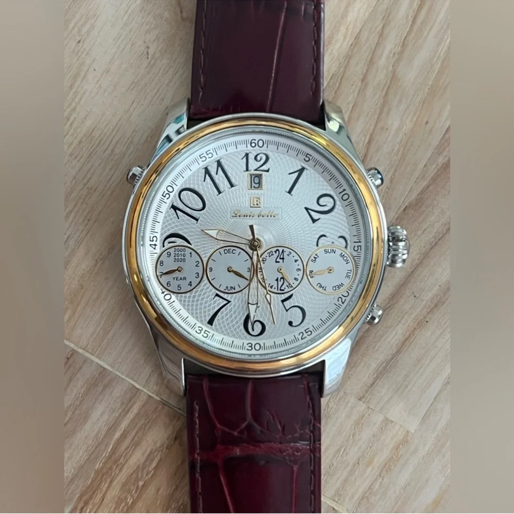 Louis Bolle Men's Automatic Chronograph Style Silver Dial Two-Tone Case Leather